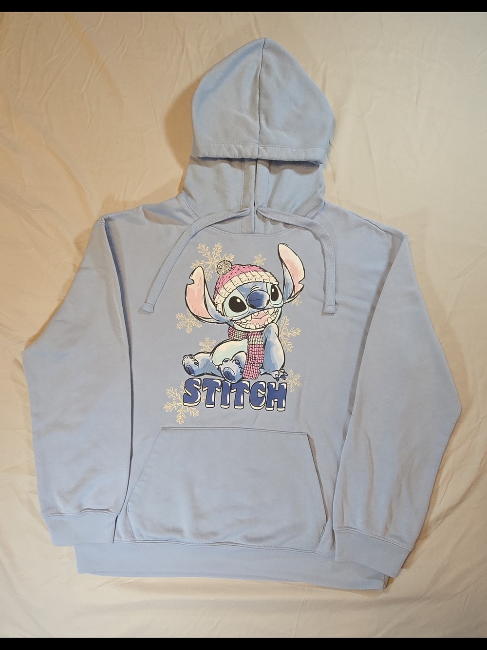 Disney Stitch Winter Snowflake Pullover Hoodie Women L XL Juniors XL Light Blue